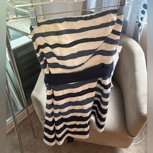 strapless blue and white striped sundress with bow